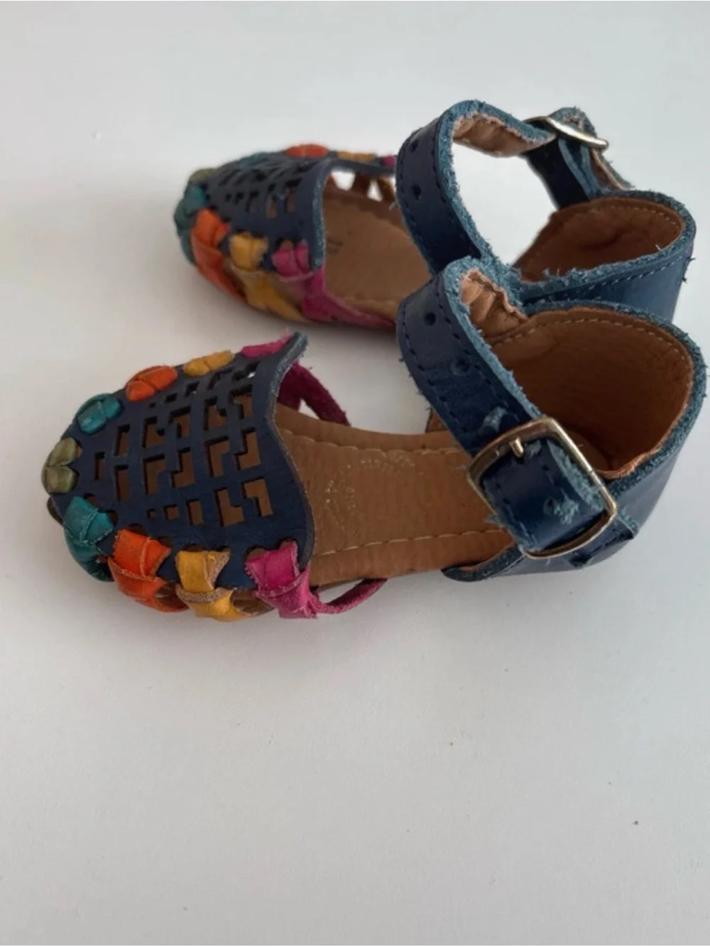 Kids Navy Leather Mary Jane Sandals with Multicolor Braided Accents 2